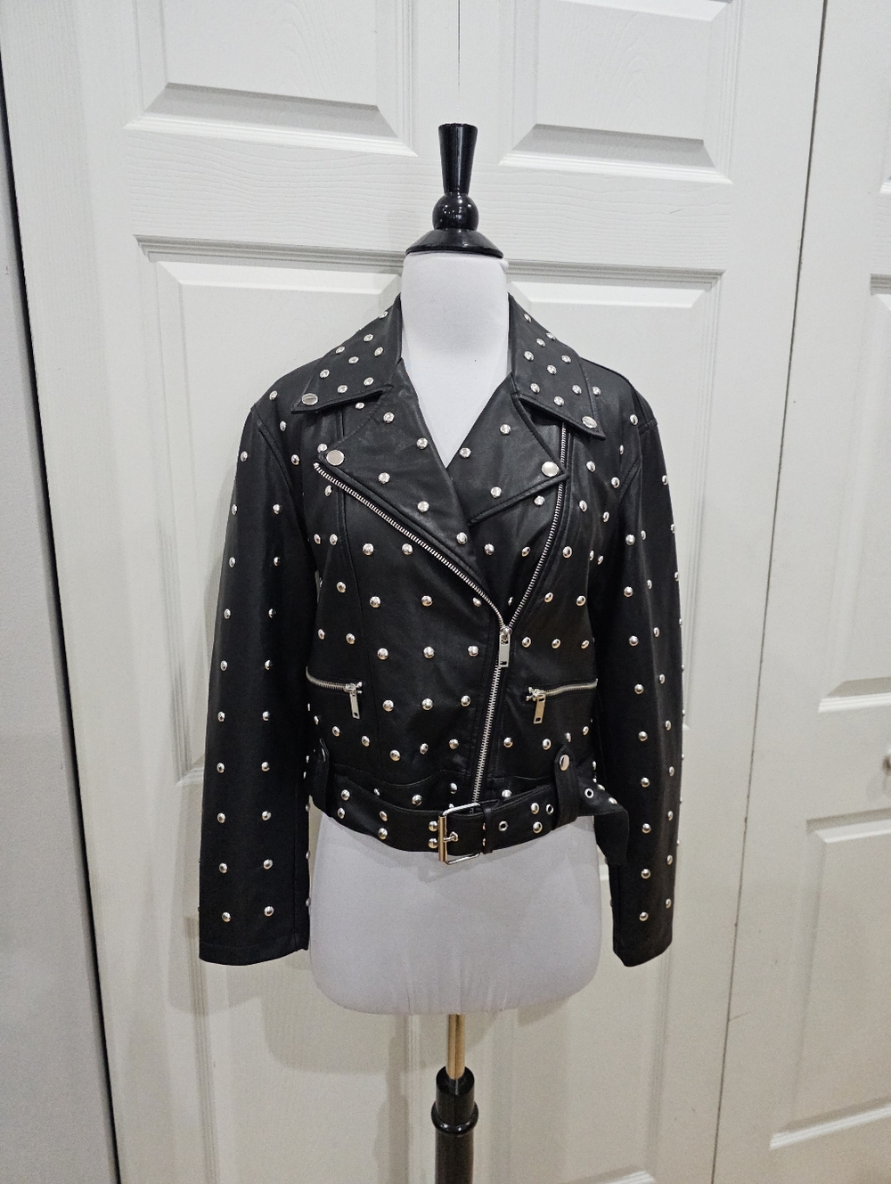 Forever 21 Punk Goth Black Silver Studded Faux Leather Zip Moto Jacket Coat S - Picture 10 of 12